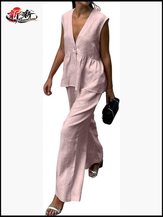 Pants - Sleeveless V Neck Peplum Vest Wide Leg Pant Suit Set 2 Piece Summer Outfit